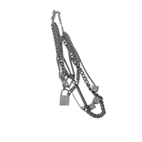 SILVER DICE AND SAFETY PIN MULTI LAYERED CHAIN NECKLACE​ - Picture 3 of 3